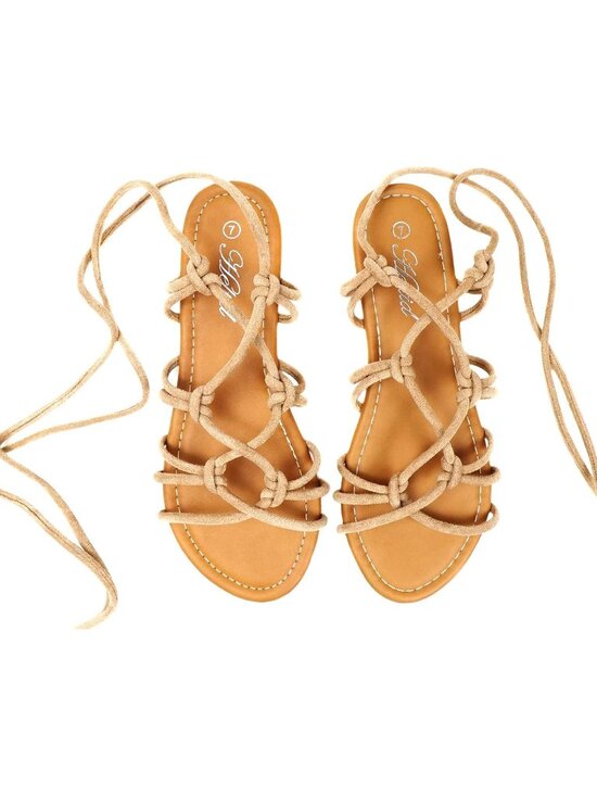 Shoes - Women's Apricot Open Toe Lace Up Gladiator Flat Sandals，Slip on Roman Sandals